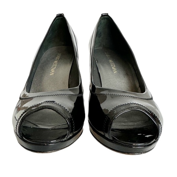 Stuart Weitzman Black Perforated Peep Toe Patent Leather Heel Pumps - Picture 3 of 12